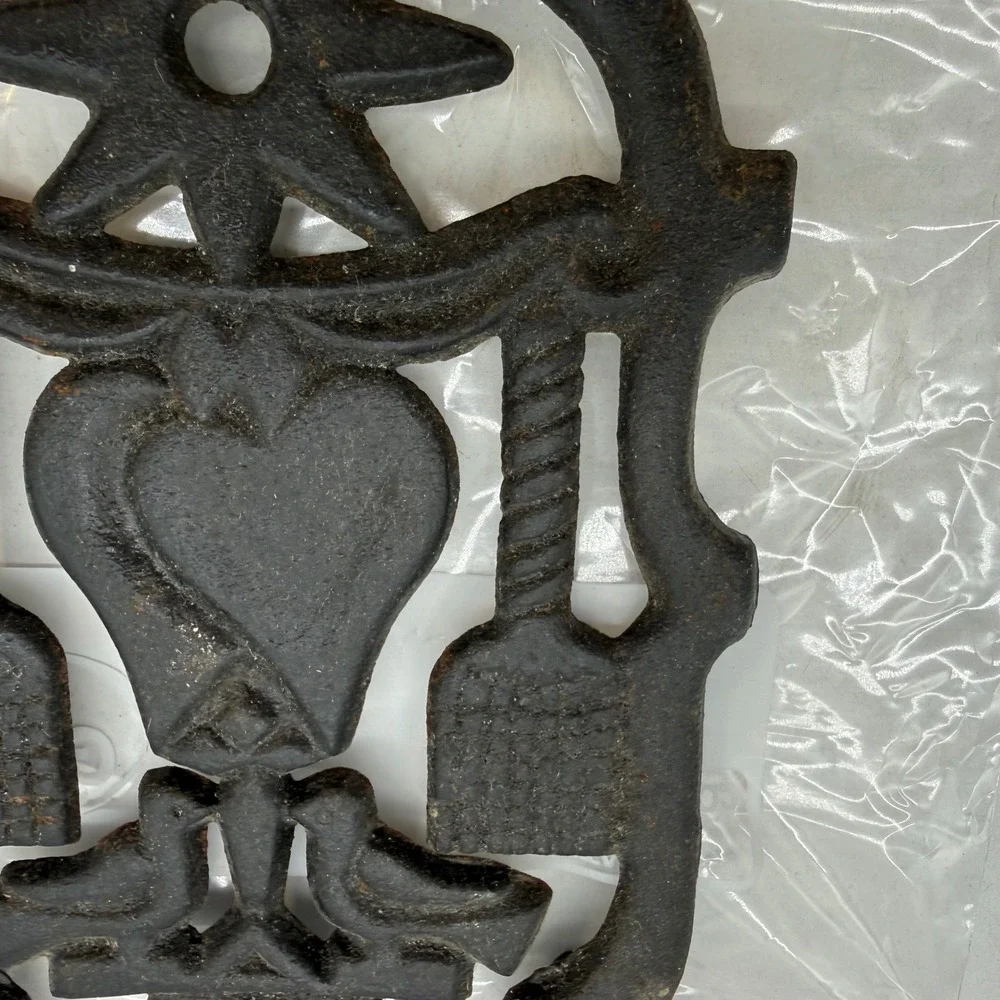 Vintage Cast Iron Trivet Heart Birds Star Design Black Metal Japan Wall Decor